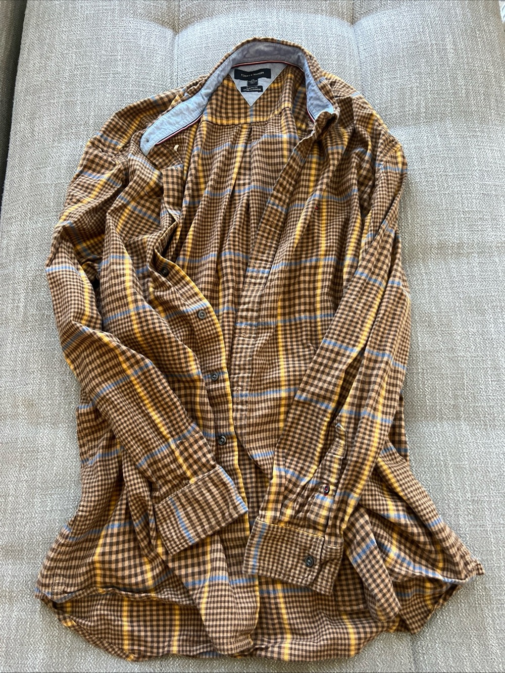 Vtg Tommy Hilfiger Shirt Plaid Button Down Classic Fit Brown Yellow Blue Men XXL